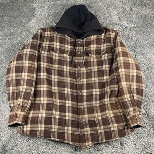 Wrangler Shacket Mens XL Brown Plaid Hooded Flannel Shirt Quilted Lined Jacket